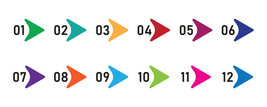 Arrow direction colorful number bullet points from one to twelve. Creative vector illustration of number bullet points set 1 to 12 isolated on white background.