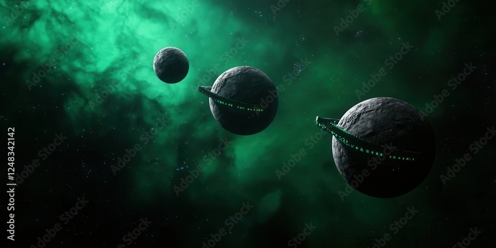 Poster a mesmerizing cosmic scene featuring three planets surrounded by a vibrant green nebula, evoking a s