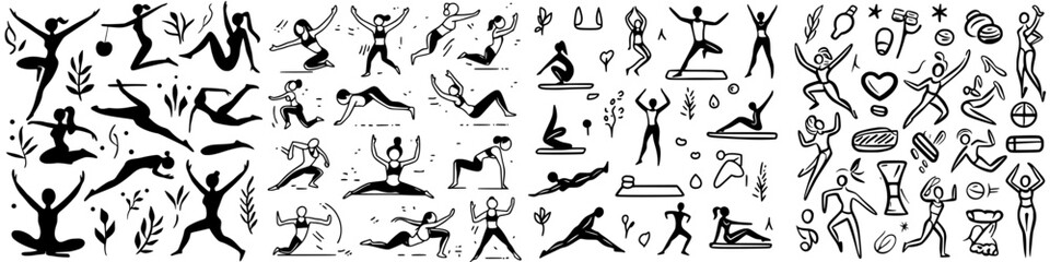 Dynamic illustrations of diverse fitness activities promoting health and wellbeing in a creative style
