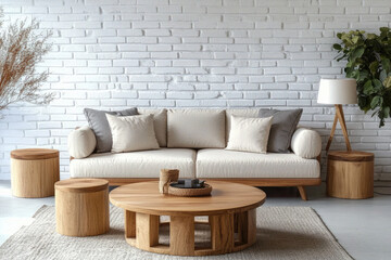 Minimalist Living Room Interior with Neutral Decor and Abstract Wall Art