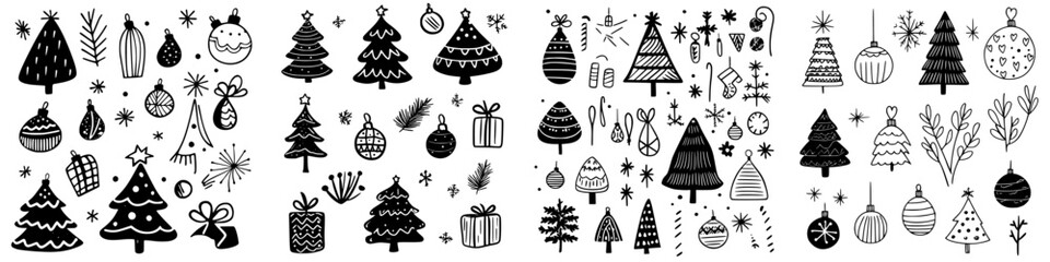Decorative black and white illustrations featuring Christmas trees, ornaments, and festive elements for holiday celebrations