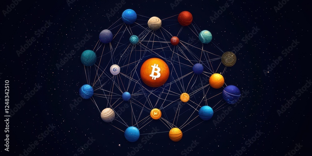 Poster A visual representation of a networked universe, featuring the Bitcoin symbol at its center, surrounded by colorful celestial bodies.