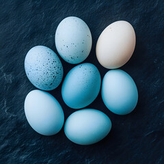 Seven pastel-colored eggs form a ring on a dark slate surface, showcasing speckled patterns and smooth textures in an artistic arrangement.