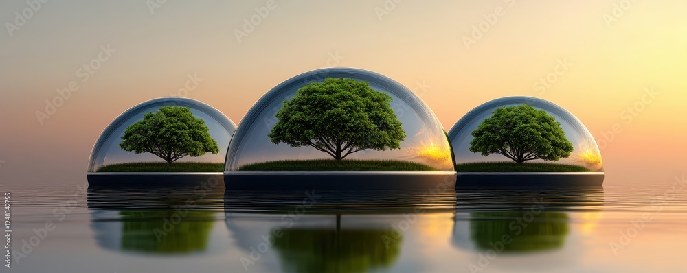 Poster three glass domes with trees inside float on calm waters, set against a serene sunset backdrop, symb
