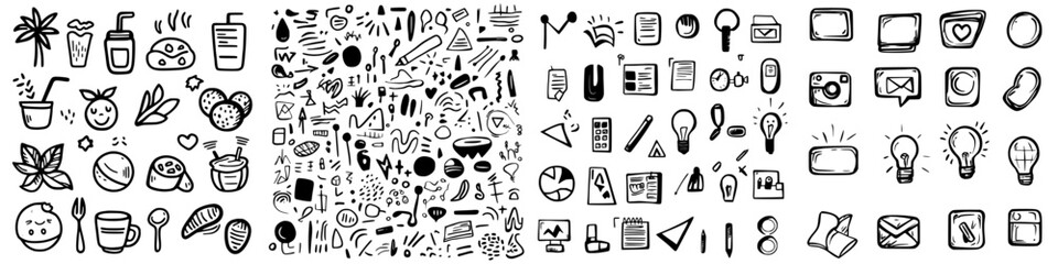 Obraz premium Doodles of everyday objects and activities showcasing creativity and simplicity in black and white design