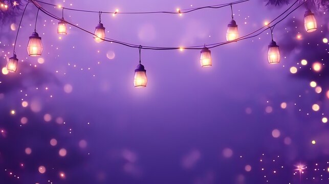 Magical purple night, glowing lanterns strung between trees, bokeh background, perfect for festive events or holiday cards