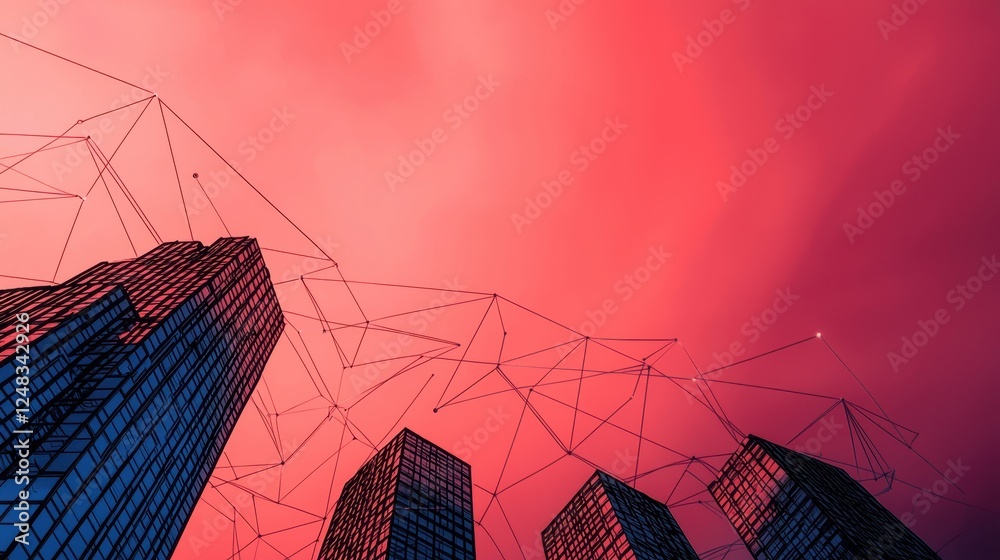 Poster a striking image of skyscrapers under a vibrant red sky, interconnected by a web of lines, suggestin