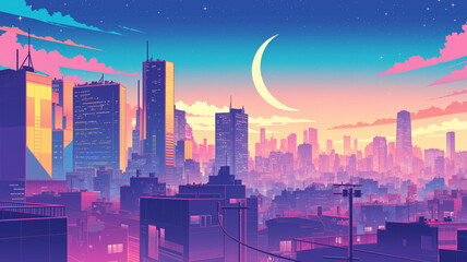 Fototapeta premium レトロフューチャーな街並み 夢幻の色彩に染まる高層ビル群