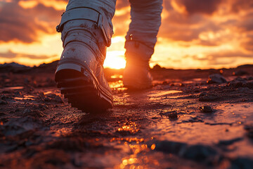 Close-up of astronaut's steps on the surface of the red planet. Concept of exploring other planets.