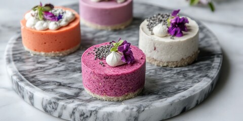 Naklejka premium Delicious collection of vegan raw cakes featuring creamy cashew and vibrant natural fruit toppings.