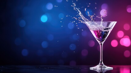 Martini glass with water and cocktail splashing in vibrant blue liquid on a white background