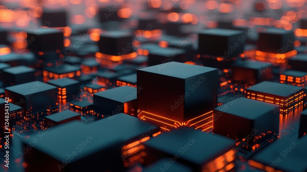 Poster a vibrant, close-up view of interconnected dark cubes emitting glowing orange light, symbolizing adv