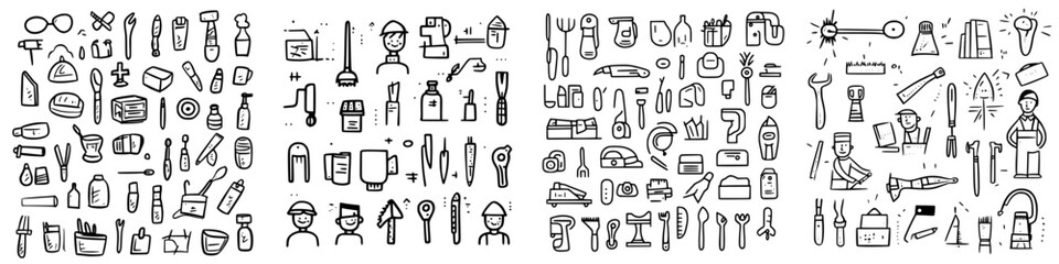 Hand-drawn collection of everyday tools and objects displayed in a creative pattern for design inspiration
