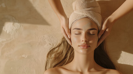Fototapeta premium young woman enjoys relaxing spa treatment with facial mask and towel on her head, creating serene atmosphere