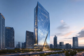 Futuristic skyscraper gleams against evening sky