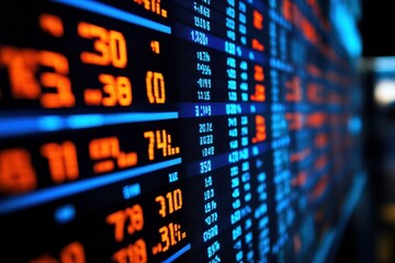 Fototapeta premium Close up of a digital stock market ticker showing fluctuating numbers in blue and orange, representing real time financial data and market trends