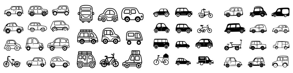 Fototapeta premium Collection of diverse vehicle illustrations showcasing cars, bikes, and trucks in a minimalist design