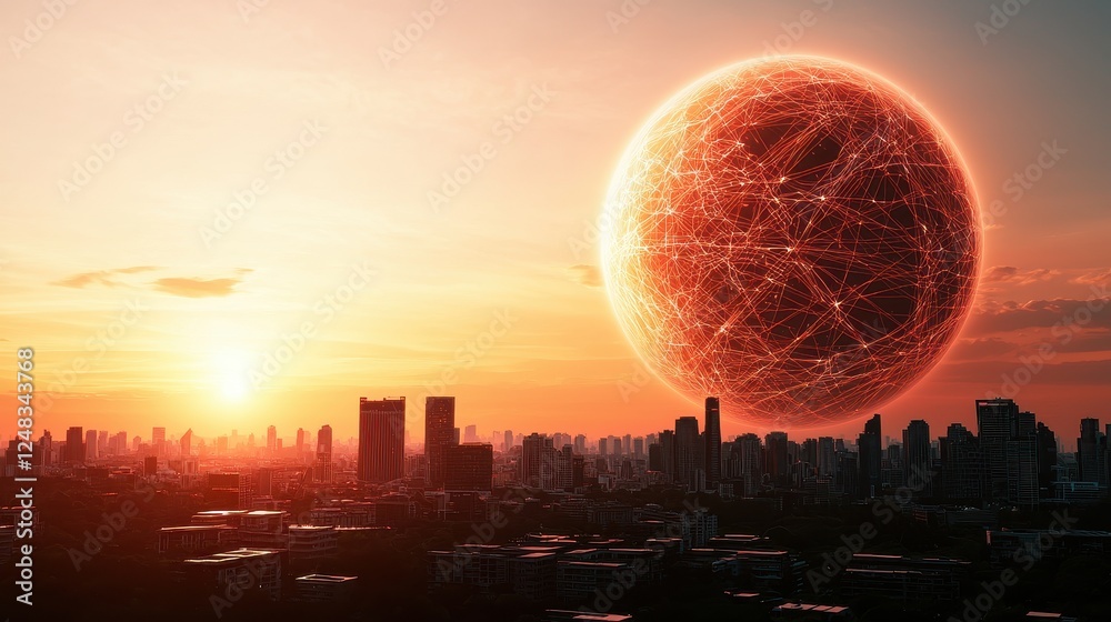 Poster a striking sunset cityscape with a large, glowing red planet looming in the sky, creating a surreal 
