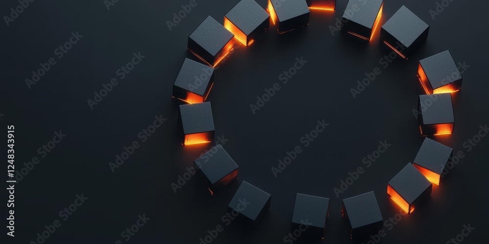 Poster A circular arrangement of glowing black cubes on a dark surface, creating a visually striking geometric pattern.