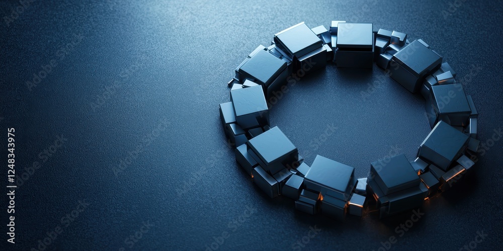 Aufkleber A circular chain of black blocks rests on a dark surface, illuminated by a soft light, creating a modern and minimalistic aesthetic.