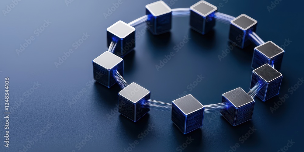 Poster a circular arrangement of metallic cubes connected by a clear wire, set against a smooth blue backgr
