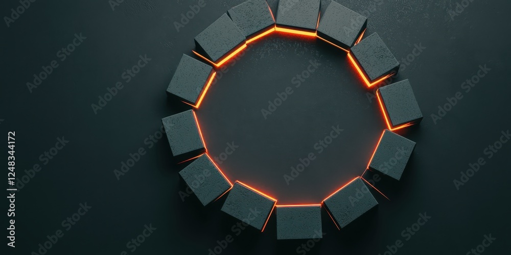 Poster A circular arrangement of dark blocks with glowing orange edges against a dark background, creating a modern and minimalist aesthetic.