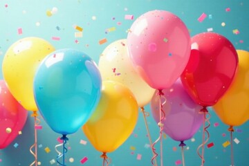 Colorful balloons and streamers against a bright background, confetti, festive, fun