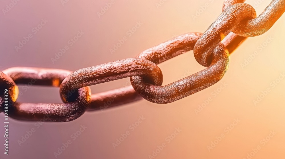 Poster A close-up view of a rusty chain link, emphasizing its texture and colors against a warm gradient background.