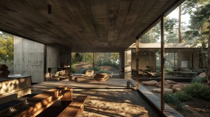 Obraz premium Serene Minimalist Concrete House Surrounded by Nature's Embrace