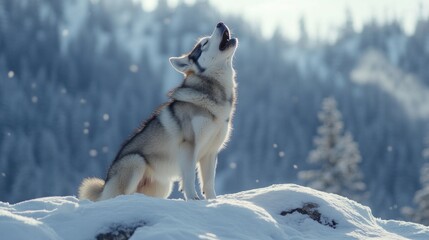 Husky howling snowy mountain winter landscape