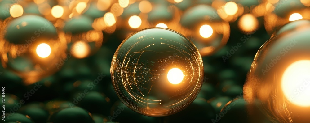 Poster A close-up view of glowing spheres, creating a mesmerizing effect with reflections and light play on a dark background.