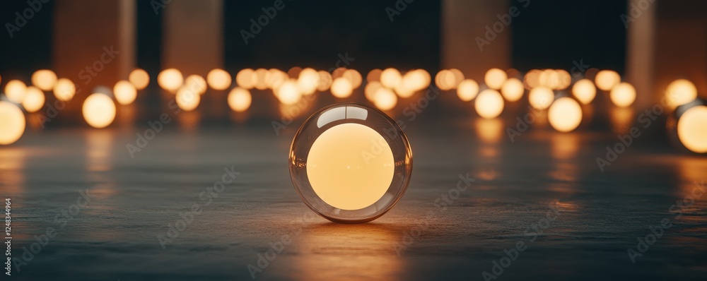Poster a serene scene featuring multiple glowing orbs, creating a warm ambiance against a dark background, 
