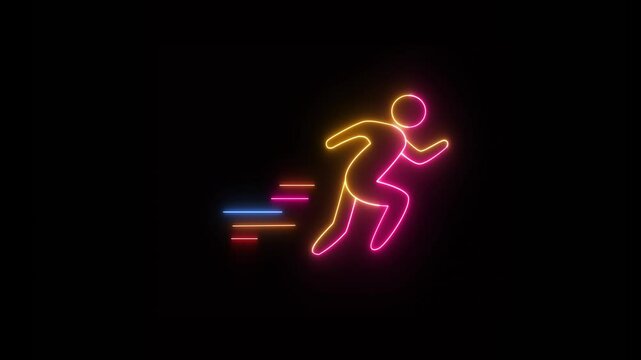 Glowing yellow and purple neon running man symbol animation on black background. Racing people silhouette sign concept. Neon line a man run or racing icon animation