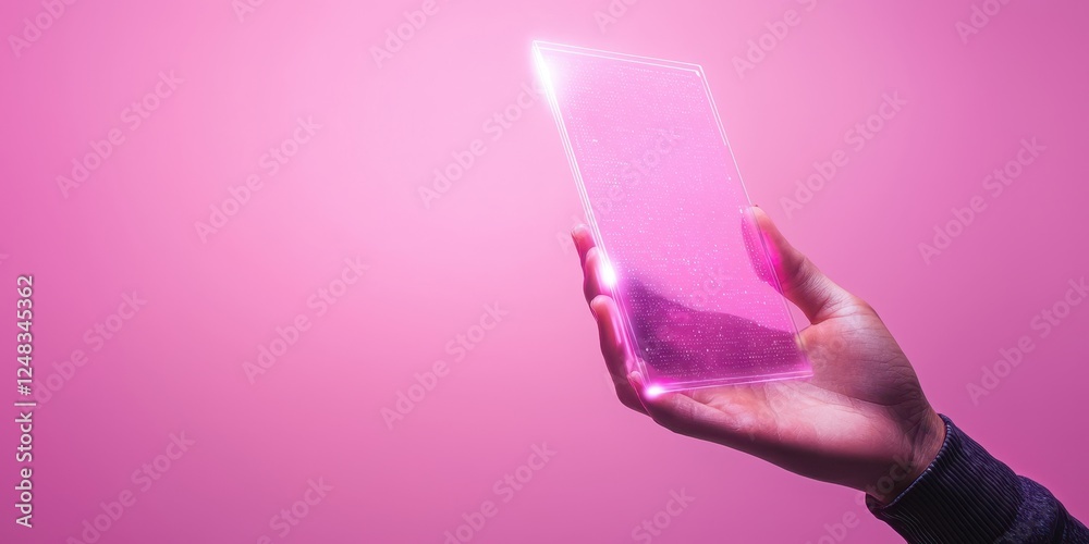 Poster A hand holds a translucent pink object against a soft pink backdrop, creating a visually striking, modern aesthetic.