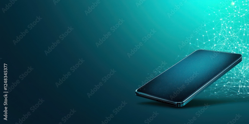 Poster a sleek smartphone floats against a vibrant teal background, emanating digital particles that symbol