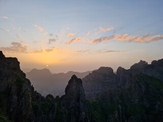 Mountain landscape during sunset, golden hour and rugged peaks, Pico do Arieiro, Madeira, Portugal