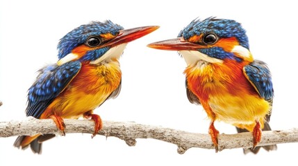 Obraz premium Two young Oriental Dwarf Kingfishers perched side by side, showcasing their vibrant plumage of orange,