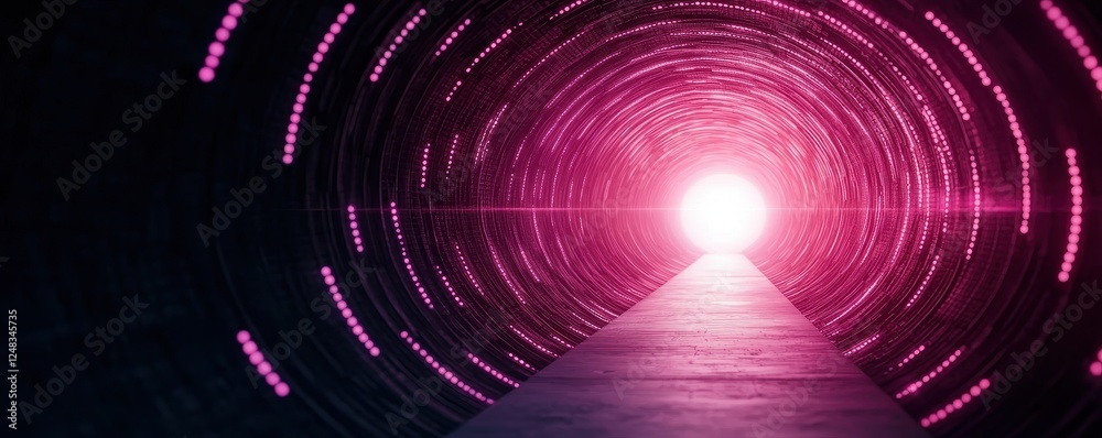 Poster a vibrant, glowing tunnel with a bright pink light at the end, creating a mysterious and futuristic 