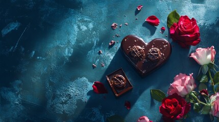 Chocolate Heart and Roses on Blue Surface