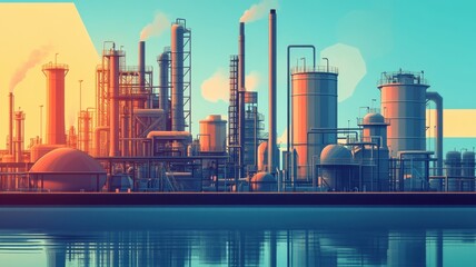 Vintage Style Illustration of a Refinery Blending Industrial Elegance with Timeless Design