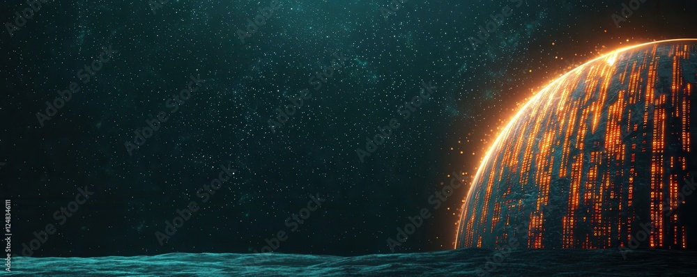 Poster A digital representation of a planet surrounded by cascading data streams, evoking themes of technology, space, and the digital universe.