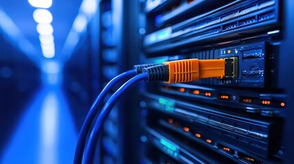 Network cable plugged into server with network administrator working in a data center environment