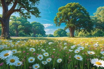 Fototapeta premium Vibrant Summer Meadow Scene with Wild Daisies, Towering Oaks, and a Clear Turquoise Sky
