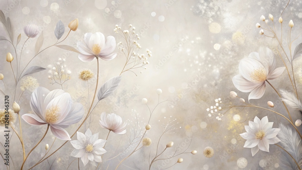 Wall mural Elegant Botanical Illustration Featuring Delicate Blooms and Soft Hues on a Shimmering Background