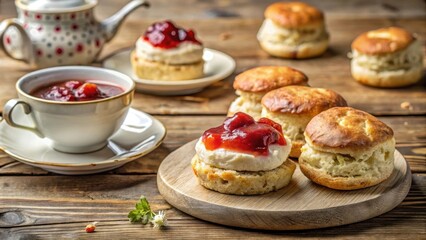 A delightful afternoon tea setting featuring freshly baked scones, served with clotted cream and fruit preserves, accompanied by a steaming cup of tea on a rustic wooden table.