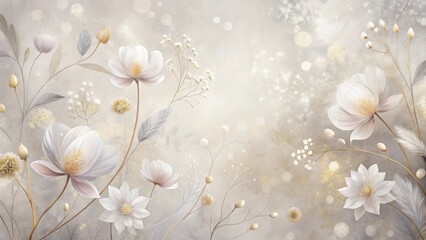 Elegant Botanical Illustration Featuring Delicate Blooms and Soft Hues on a Shimmering Background