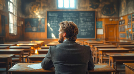 A student sits in an empty classroom and waits for the instructor