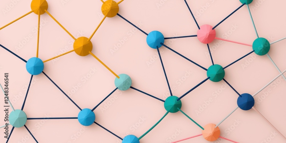Poster A colorful network of interconnected nodes and strings on a light background, illustrating concepts of connection and structure.