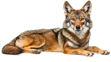 Obraz premium Majestic Coyote Lying Gracefully Against White Background
