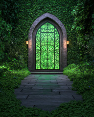 A dreamy courtyard setting with green ivyâ€“clad walls, accented by an illuminated abstract window